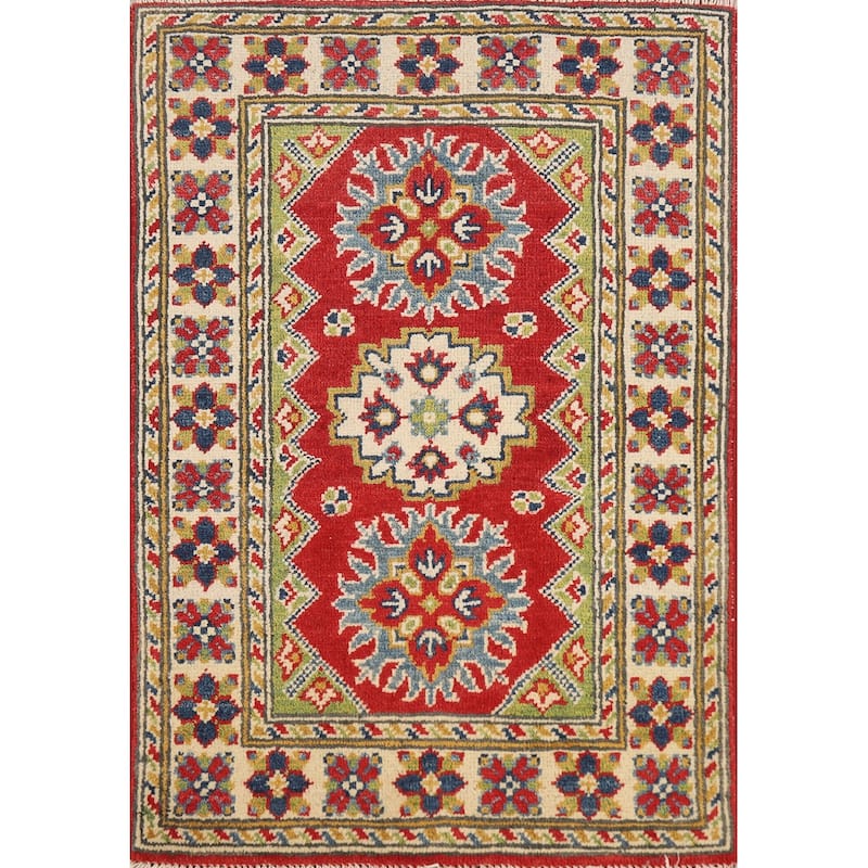 Geometric Kazak Oriental Accent Rug Hand-Knotted Wool Carpet - 2'0" x 3'0"