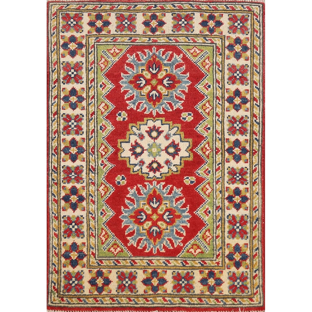 Geometric Kazak Oriental Accent Rug Hand-Knotted Wool Carpet - 2'0" x 3'0"