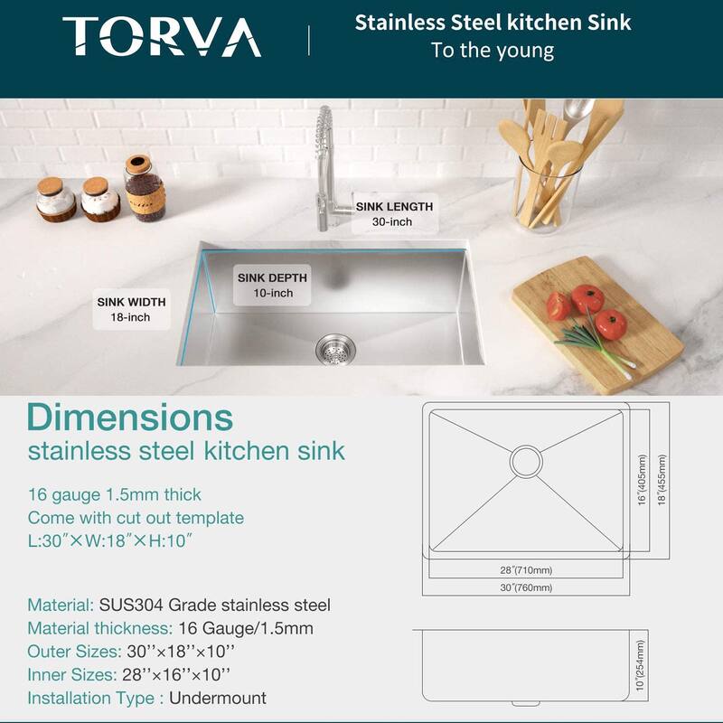 Torva 30 x 18 x 10 Kitchen Sink, 16 Gauge Stainless Steel Single Bowl Undermount Bar Sink