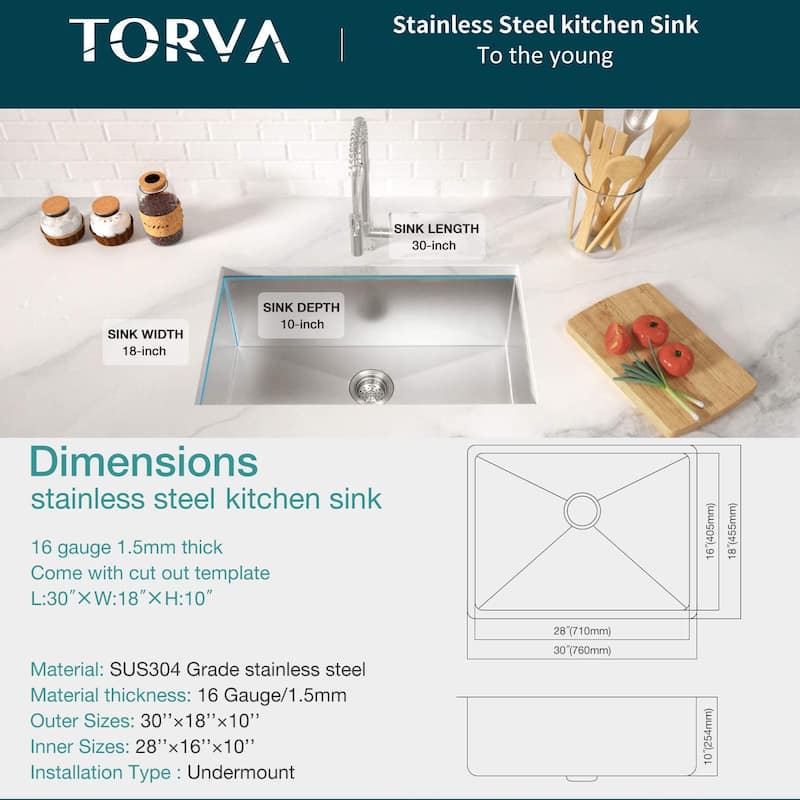 Undermount Single Bowl Stainless Steel Kitchen Sink 16 gauge-ALL SIZE