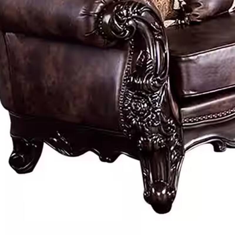 Puhi Loveseat w Accent Pillows, Brown Faux Leather, Ornate Carved 70 Inch