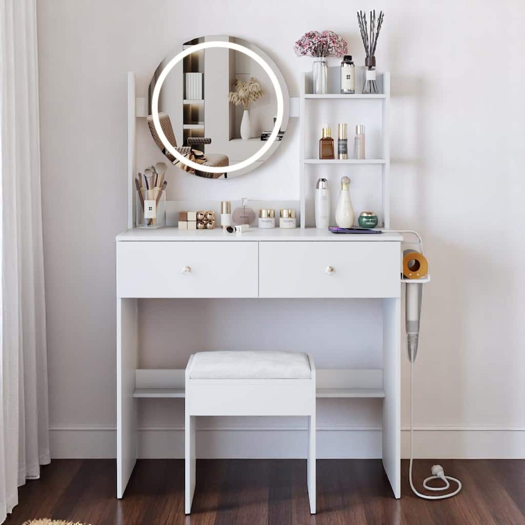 KISRAIS 31.5" Vanity Desk with Mirror, Light, Power Station, and Hair dryer bracket