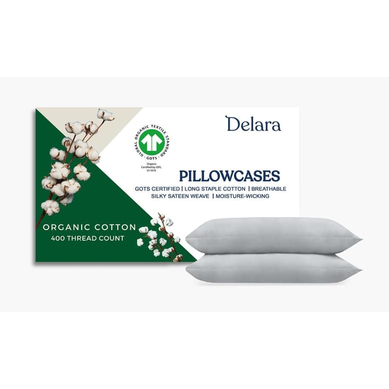 Delara GOTS Certified 100% Organic Cotton Pillowcase Pack of 2, 400 TC Long Staple Cotton, Moisture-Wicking, Smooth & Breathable