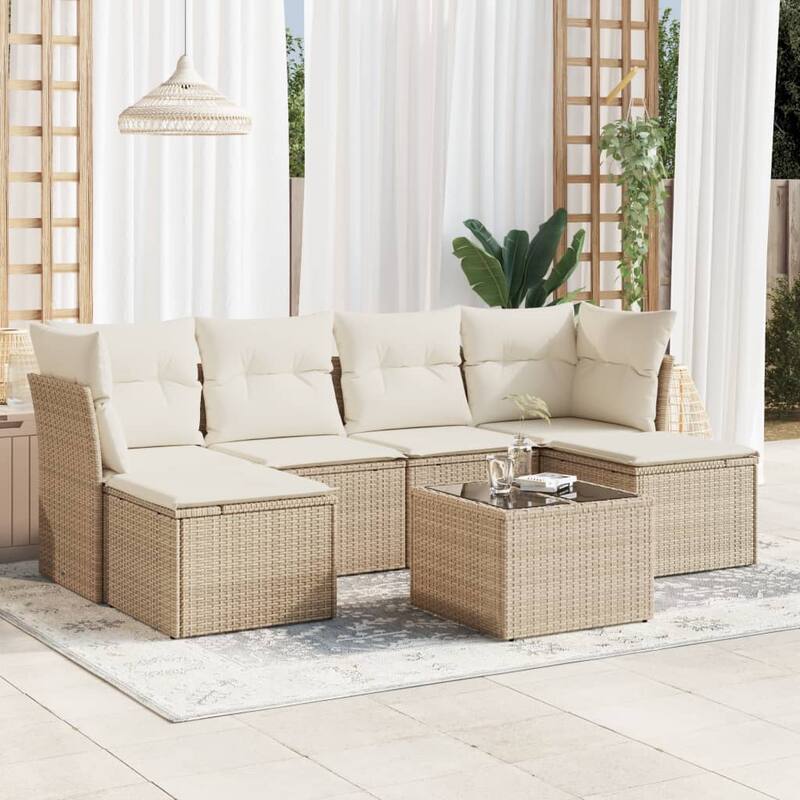 vidaXL Garden Sofa Set Beige PE rattan 7 Piece UV-resistant materials - 21.7 x 21.7 x 14.6