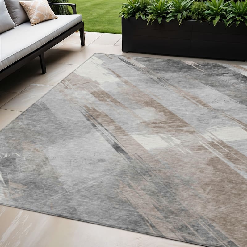 HomeRoots Striped Transitional Rectangle Outdoor Rug - Taupe/Ivory - 5' X 8'