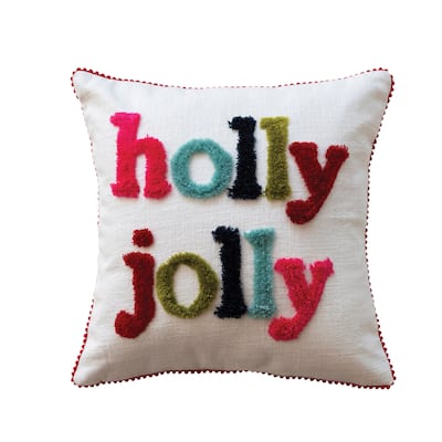 Cotton Slub Pillow with Tufting and Pom Pom Trim "holly jolly"