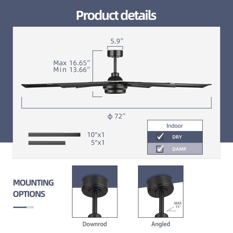 72 Inch 22W DC Led Ceiling Fans with Light and Remote, 6-Blades - 72 Inch