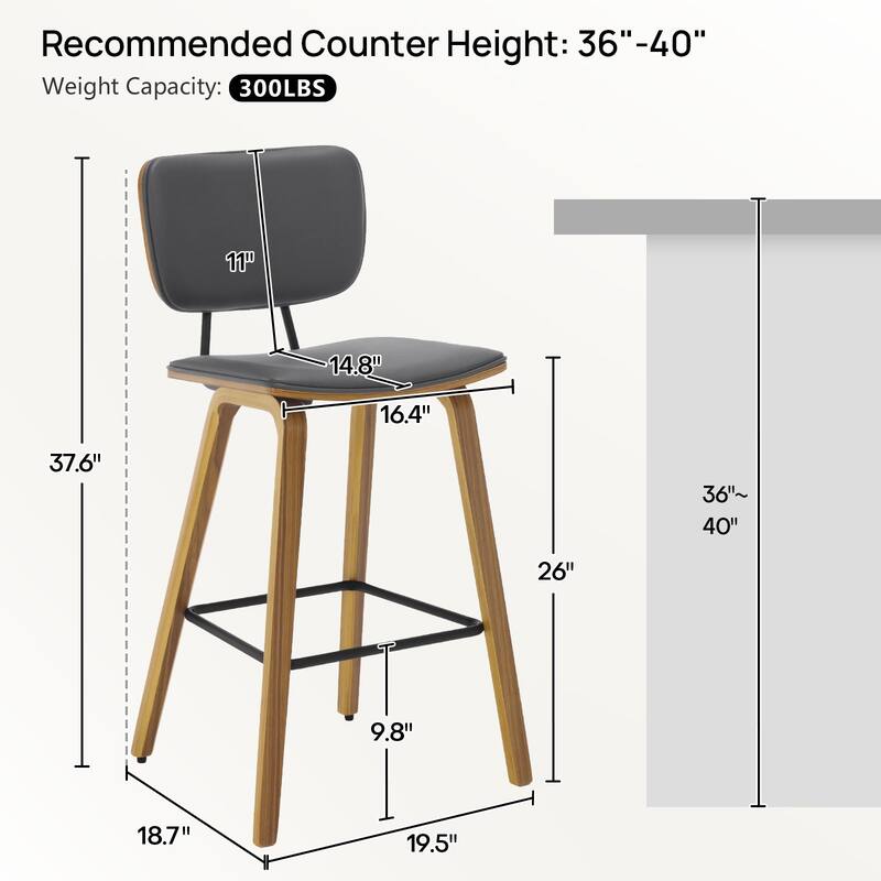 26" Wood Counter Height Bar Stools Set of 2 - 37.6"H x 19.5"W x 18.7"D