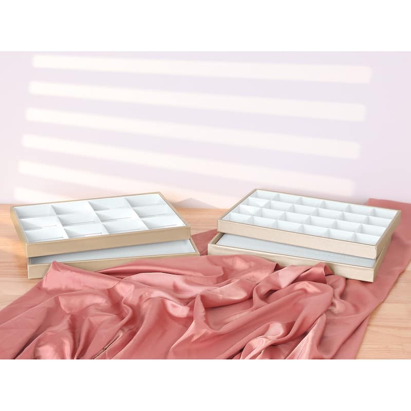 2Pcs Stackable PU Leather Jewelry Organizer Trays w Removable Dividers - White