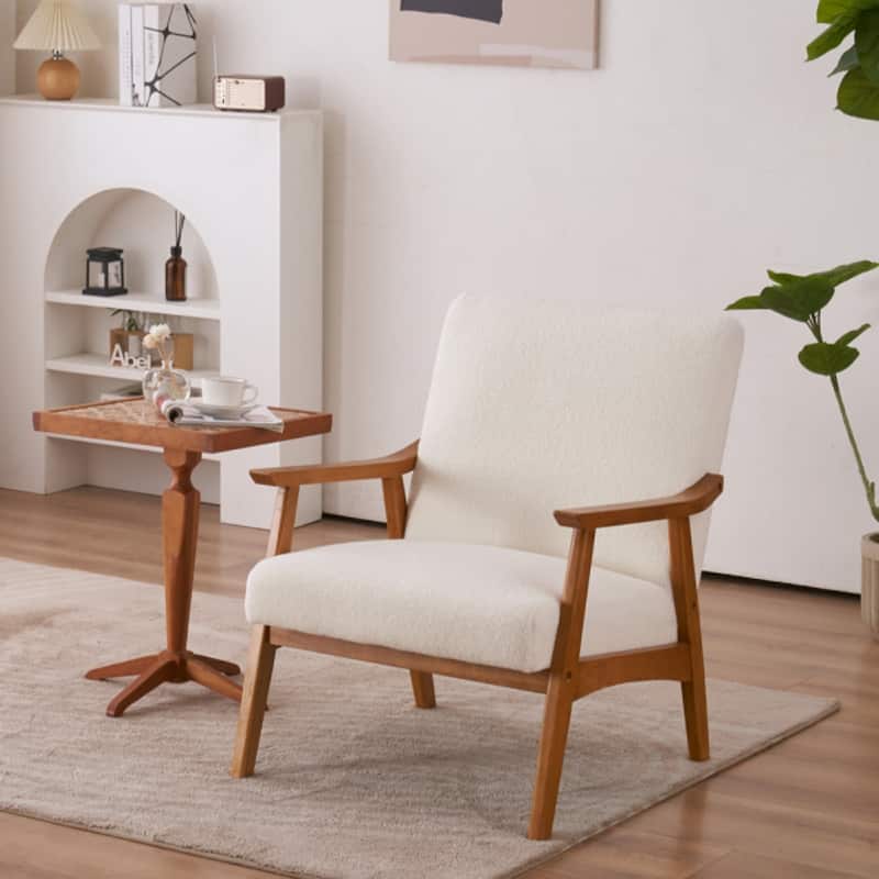 Solid Wood Armrest Teddy Velvet Simple Single Indoor Lounge Chair Backrest Creamy-White - 27.56" x 31.89" x 33.07"