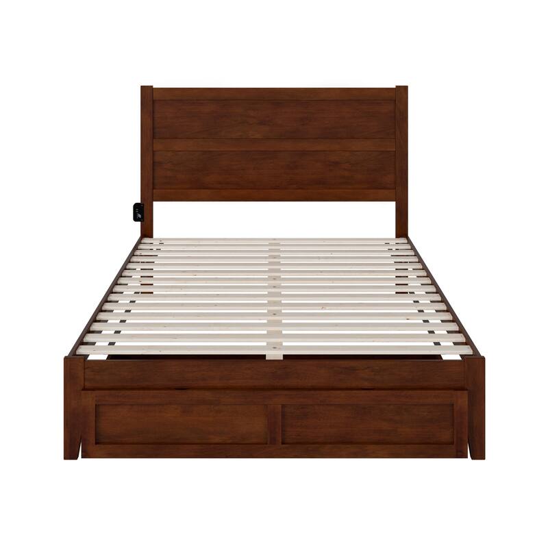 Walnut Platform Bed with Storage Drawer - Modern Wood Slat Bed Frame - HomeStock Noho