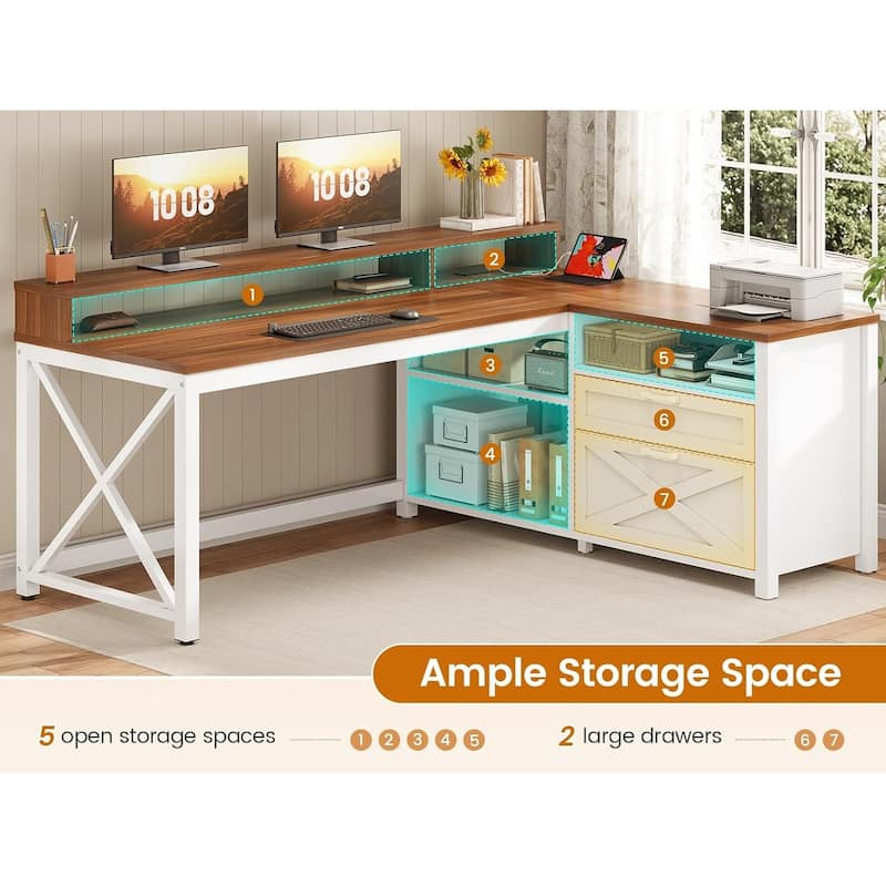 L Shaped Desk 55" Home Office Desk Drawers Storage Shelves