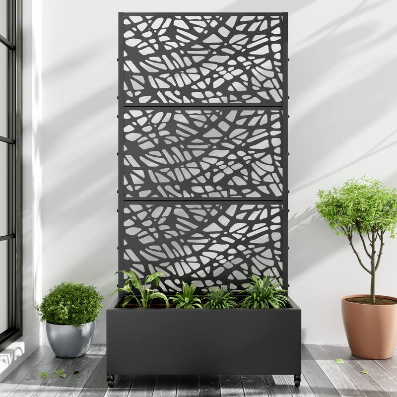 Metal Movable Planter Box with Trellis Privacy Screen Planter Box with Lockable Wheels - Black2