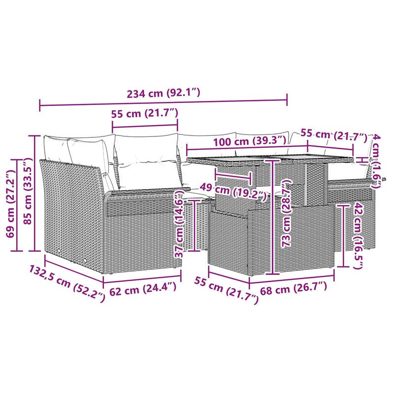 vidaXL 7 Piece Garden Sofa Set with Cushions - 92.1×52.2×27.2