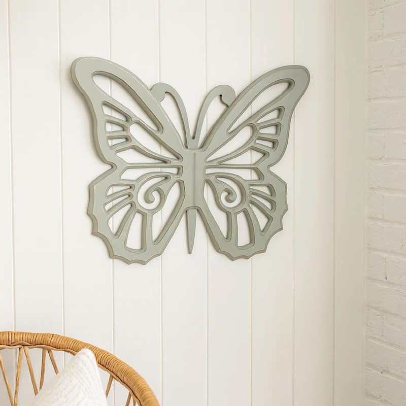 Set of 2 Wooden Butterfly Wall Plaque with Cutout Detail, Light Gray