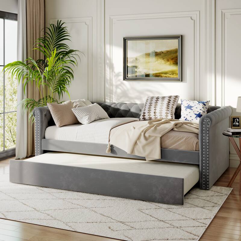 Christopher Knight Home - Augusta Velvet Upholstered Tufted Daybed with Trundle Design - Grey