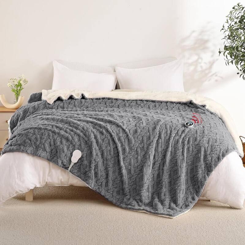 Dual Control Tufted Sherpa Electric Heated Blanket, Grey - 90"x100"