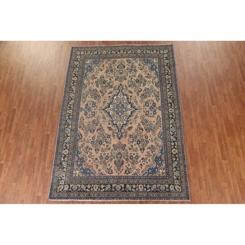 Hand Knotted Oriental 100% Wool Carpet Traditional Floral Peach Hamedan Area Rug - 9' 10'' X 6' 11''