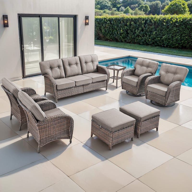 TWrap 8-Piece Patio Brown Wicker Sofa Conversation Set with 5-Inch Thick Cushions