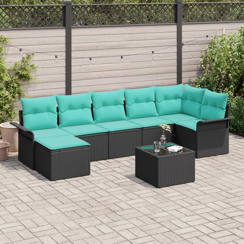 vidaXL 8 Garden Sofa Set with Cushions Black Poly Rattan - 117.1 x 52.2 x 27.2 - Black with table