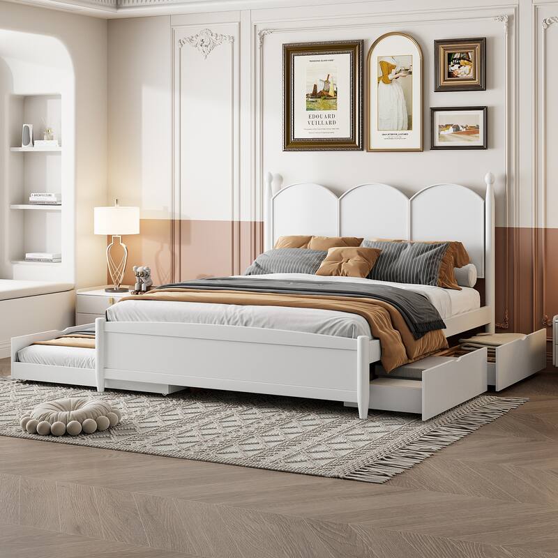 Queen Size Platform Bed with Curved Headboard, 2 Large Side Drawers & Twin XL Pull-Out Trundle Bed