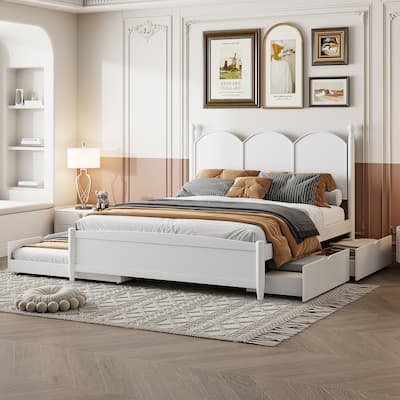 Queen Size Platform Bed with Curved Headboard, 2 Large Side Drawers & Twin XL Pull-Out Trundle Bed