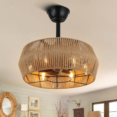 Cusp Barn 18-In Boho Caged Ceiling Fan with Remote Control, Retro 6-Light Ceiling Light, 3-Speed Rattan Fandelier for Bedroom