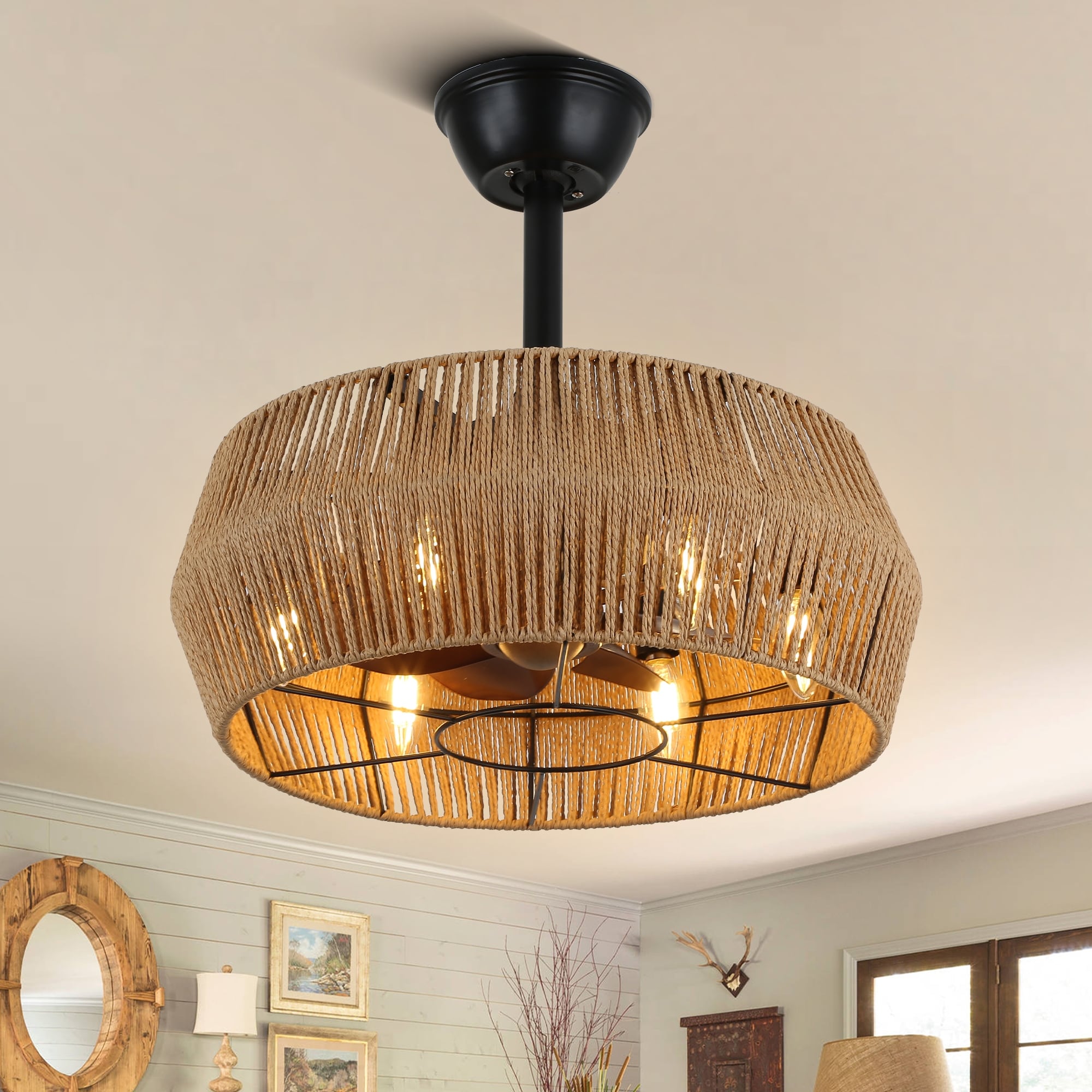 Cusp Barn 18-In Boho Caged Ceiling Fan with Remote Control, Retro 6-Light Ceiling Light, 3-Speed Rattan Fandelier for Bedroom