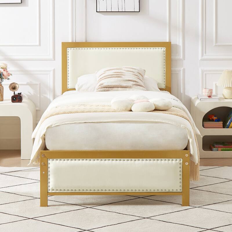 VECELO Upholstered Kids Bed with Headboard,Twin Size Bed Set of 2