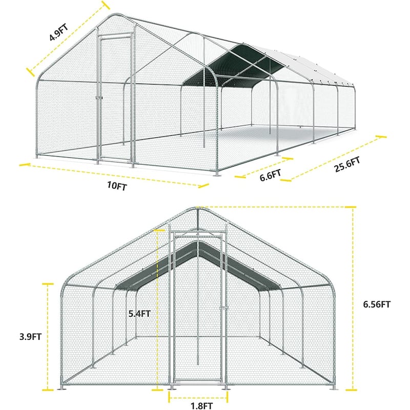 Large Metal Chicken Coop Run with Waterproof Cover - 10'L x 25.5'W x 6.56'