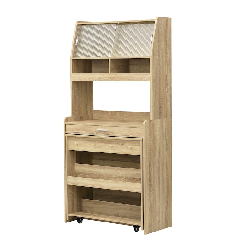 Multifunctional Buffet Hutch and Foldable Dining Table with Storage Unit and Rolling Wheels for Small Spaces