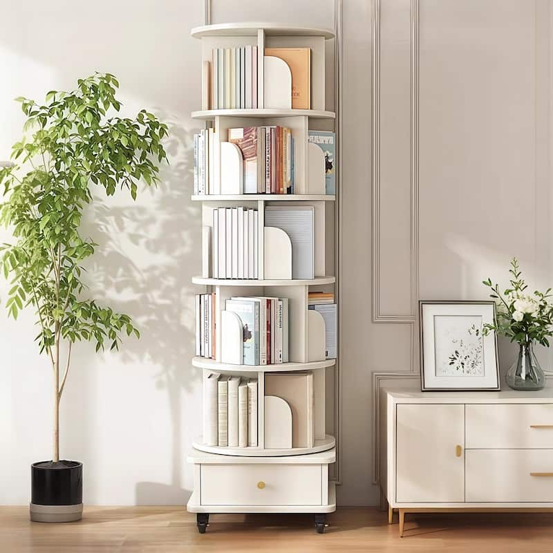 GDF Studio - Purling Modern 6-Tier Wood 360-Degree Rotating Bookshelf with Drawer Storage