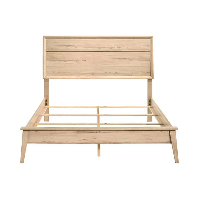 Mid-Century Modern Queen Bed in Natural Oak Finish, Includes Headboard, Footboard, and Rails