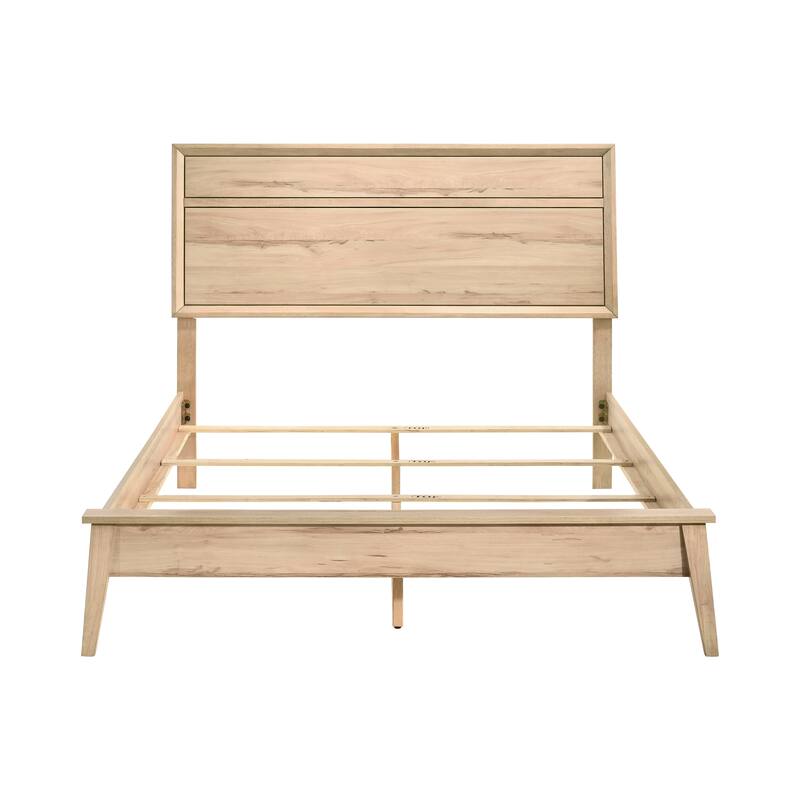 Queen Size Natural Oak Wooden Platform Bed Frame with Mid-Century Modern Design