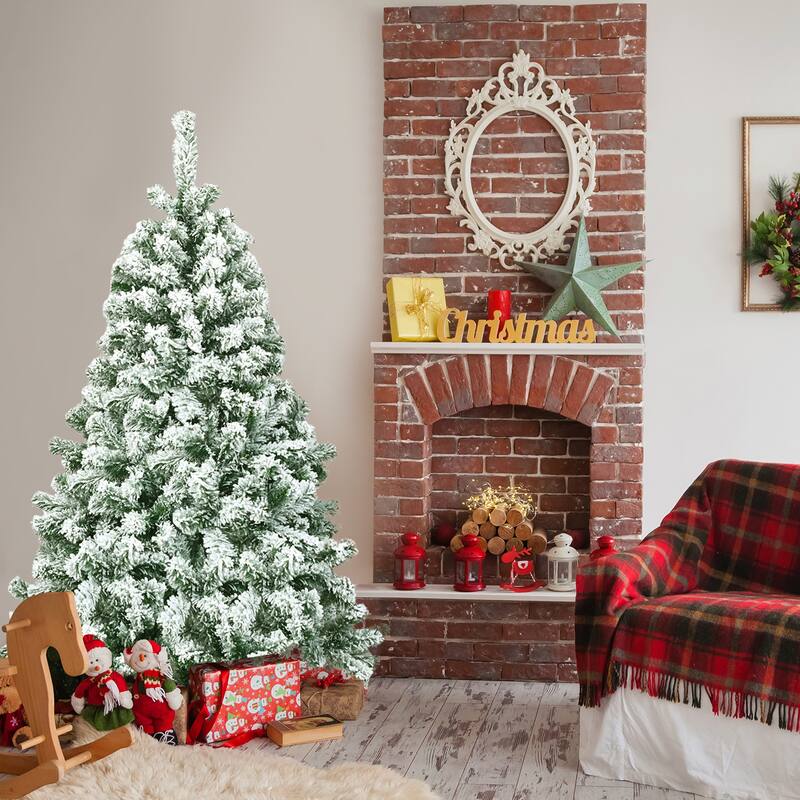 Gymax 4.5ft Snow Flocked Christmas Tree Hinged Artificial Pine Tree w/ - See Details - Green - 4.5 Foot