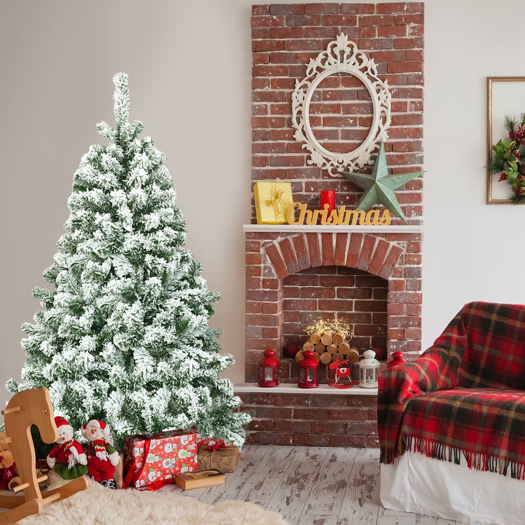 Gymax 4.5ft Snow Flocked Christmas Tree Hinged Artificial Pine Tree w/ - See Details