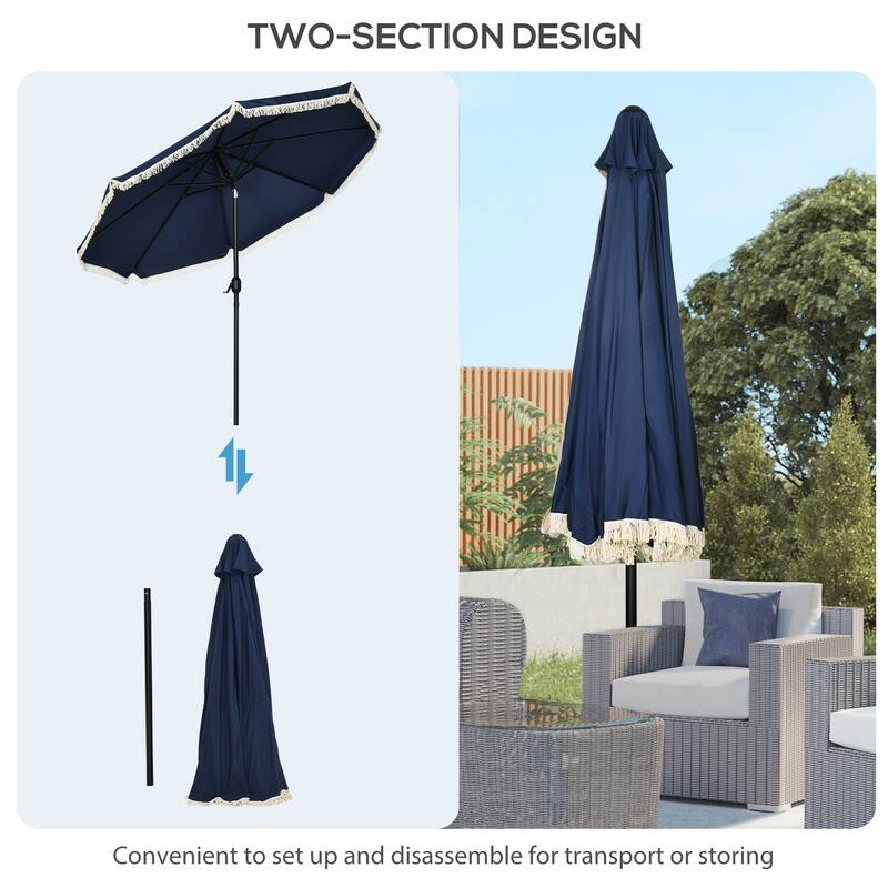 Outsunny 9ft Patio Umbrella with Push Button Tilt and Crank, Ruffled Outdoor Market Table Umbrella with Tassles and 8 Ribs