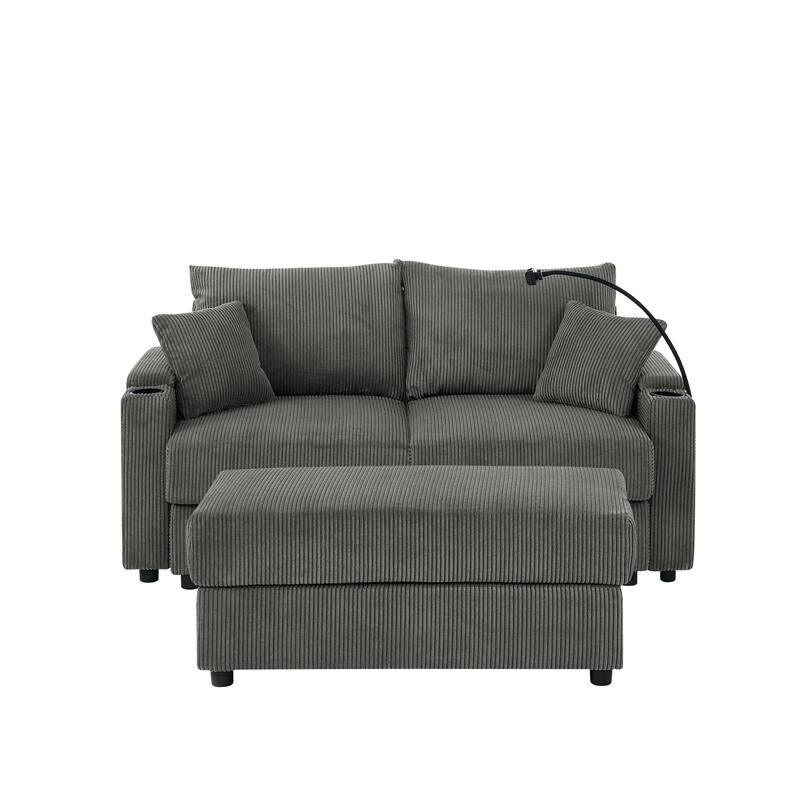 Deep Seat Loveseat Sectional Sofa Corduroy Upholstered Lounge Couch with Ottoman, Storage Armrests, Cup Holders and Phone Stand