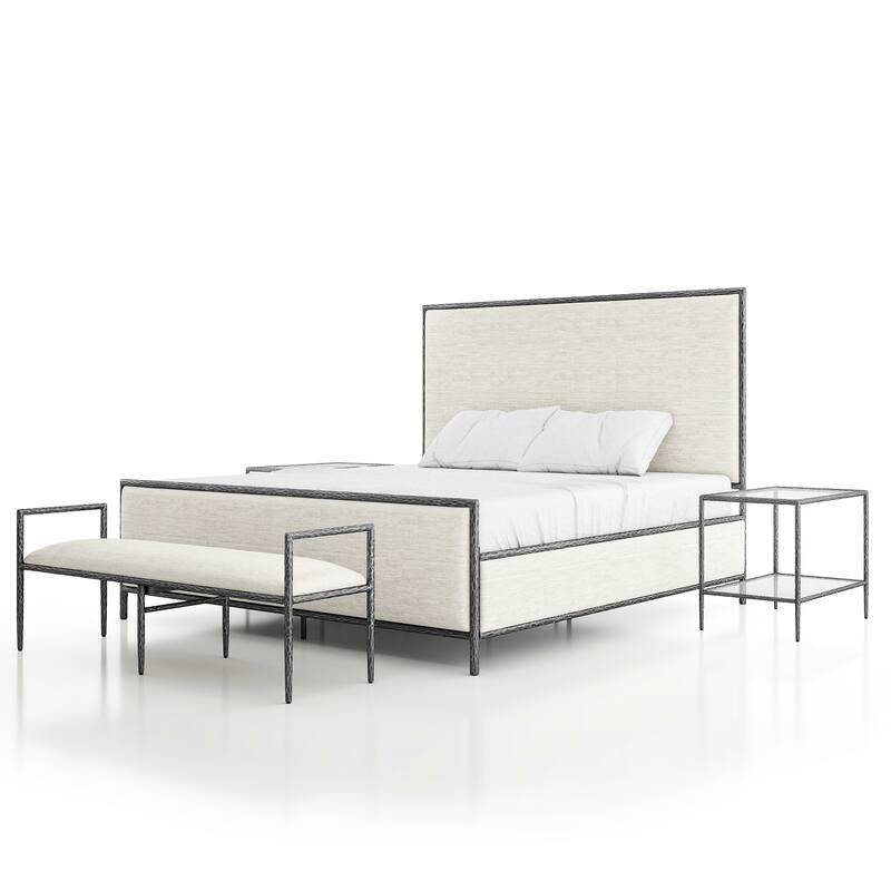 247 Shop At Home Lalia Modern 4-Piece Upholstered Hammered Metal Panel Bedroom Set with 2 Nightstands and Bench - Matte Grey - King