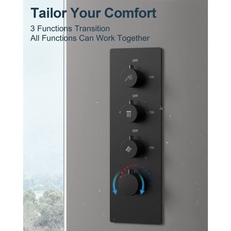 Dual Heads 16" Rainfall & High Pressure 6" Shower System w/ 3 Way Thermostatic Faucet 