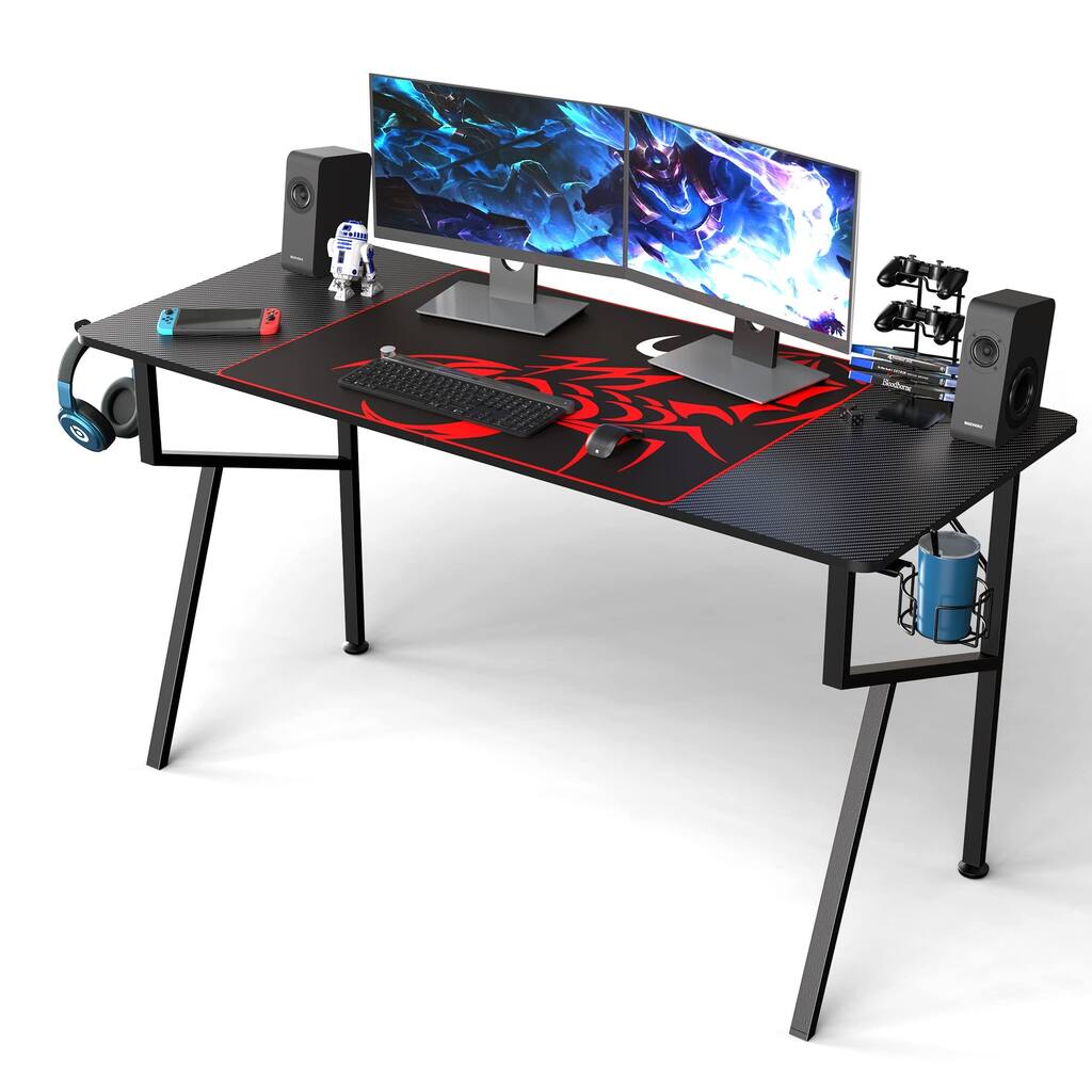 Gaming Desk, 55" PC Computer Desk, K-Frame Home Office Desk Professional Gamer Workstation with Cup Holder Headphone Hook