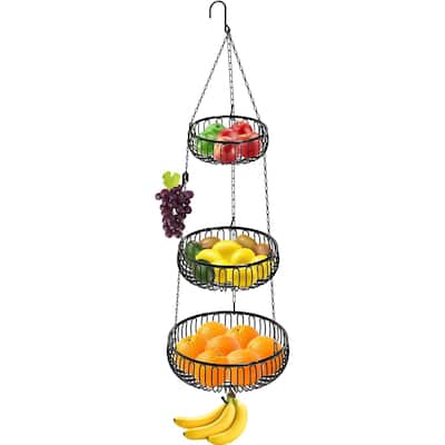 Adjustable Metal Hanging Fruit Basket, Oblate, Black