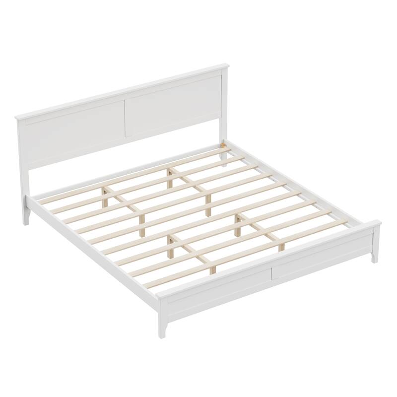 Elegant White Solid Wood King Platform Bed with Simple Slat Design