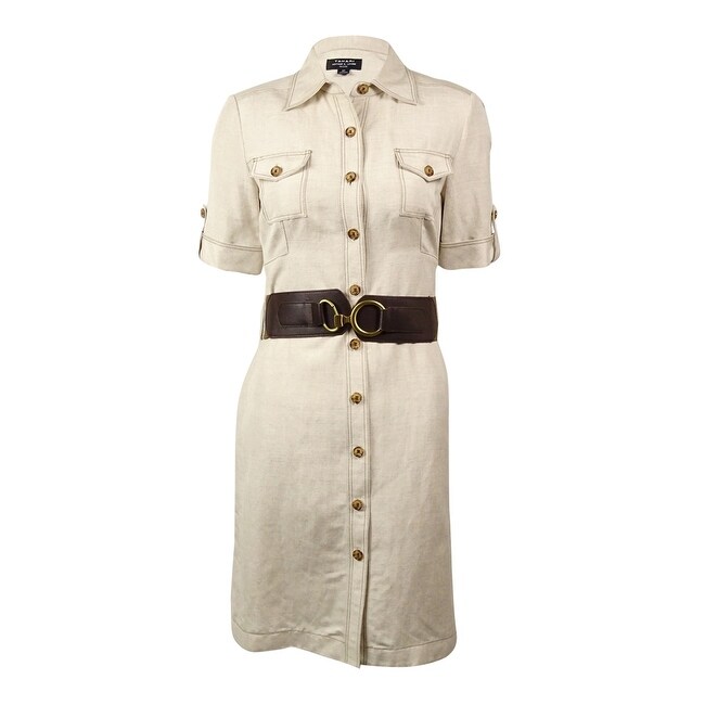 tahari button front linen dress