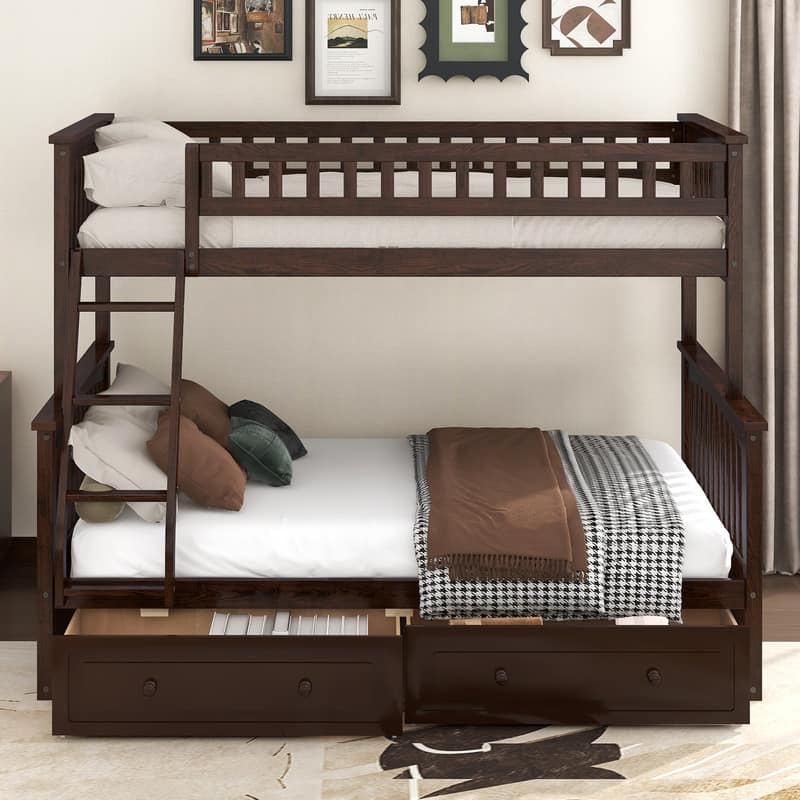 Twin over Full Size Wood Bunk Bed with Drawers, Convertible Beds
