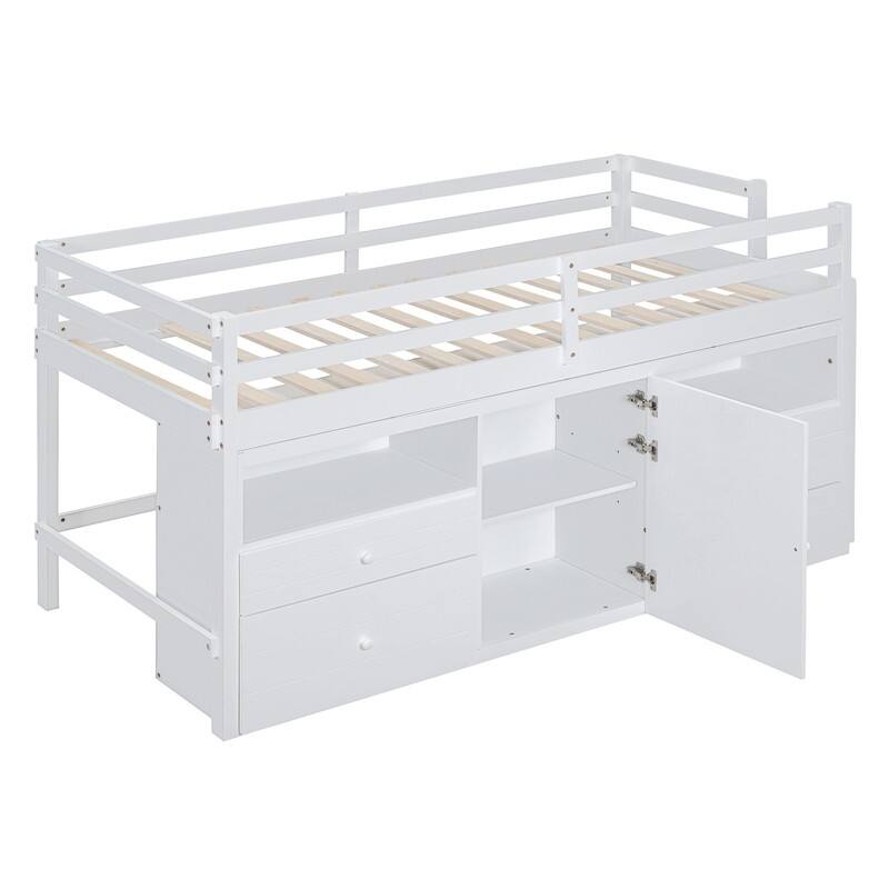 Twin Size Loft Bed with 4 Drawers, Underneath Cabinet and Shelves