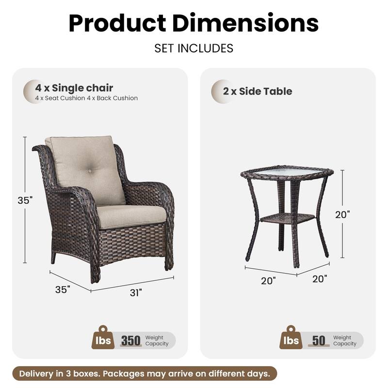 Gymojoy 6-Piece Outdoor Wicker Patio Set - 4 Chairs & 2 Side Tables, All-Weather for Deck, Garden, Pool