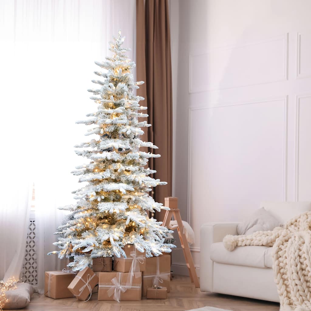 Fraser Hill Farm 7.5-Ft. Flocked Pine Valley Christmas Tree with Multi-Color LED String Lighting