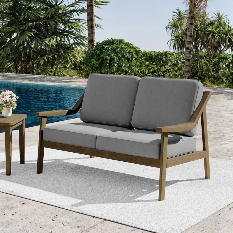 Outdoor Teak Wood Slat Back Patio Loveseat Sofa - NaturalFrame-Grey
