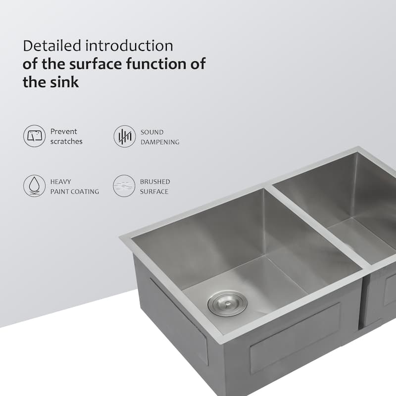 33 Inch Undermount Sink Deep Double Bowl 60/40 18 Gauge Stainless Steel Kitchen Sink - 33*19*9 inch